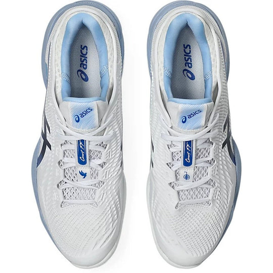1041A521-967 Asics Men's Court FF 3 Novak Clay Tennis Shoes (White/Tuna Blue)