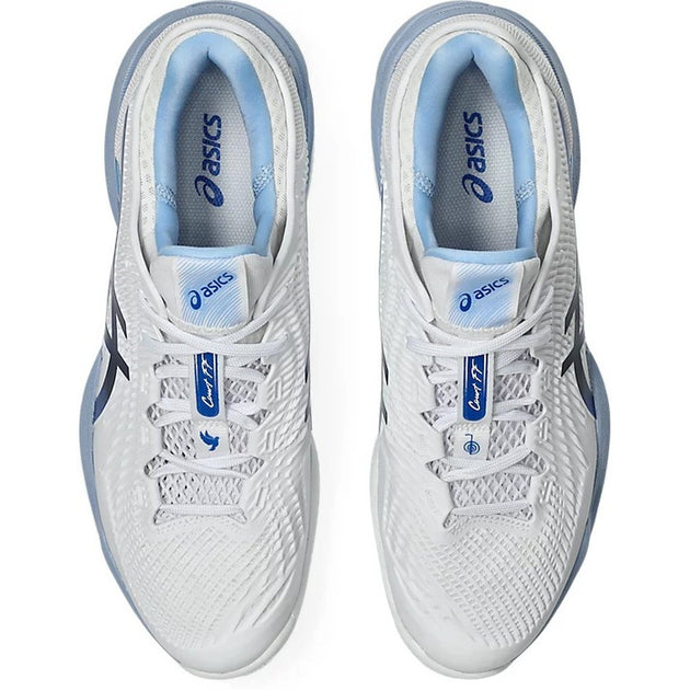 1041A521-967 Asics Men's Court FF 3 Novak Clay Tennis Shoes (White/Tuna Blue)