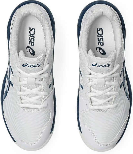 1044A052-104 Asics Juniors Gel-Game 9 GS Tennis Shoes (White/Mako Blue)