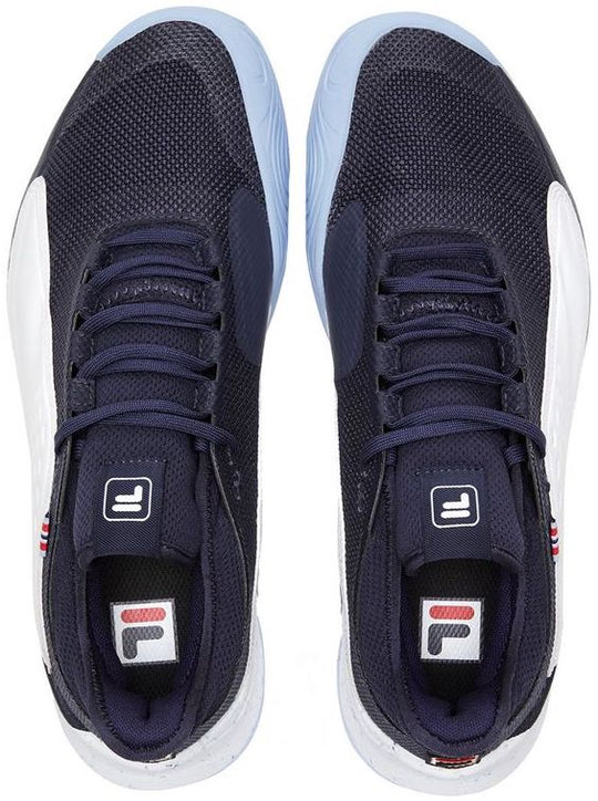 1TM01999-147 Fila Men's Mondo Forza Tennis Shoes (White/Fila Navy/Powder Blue)