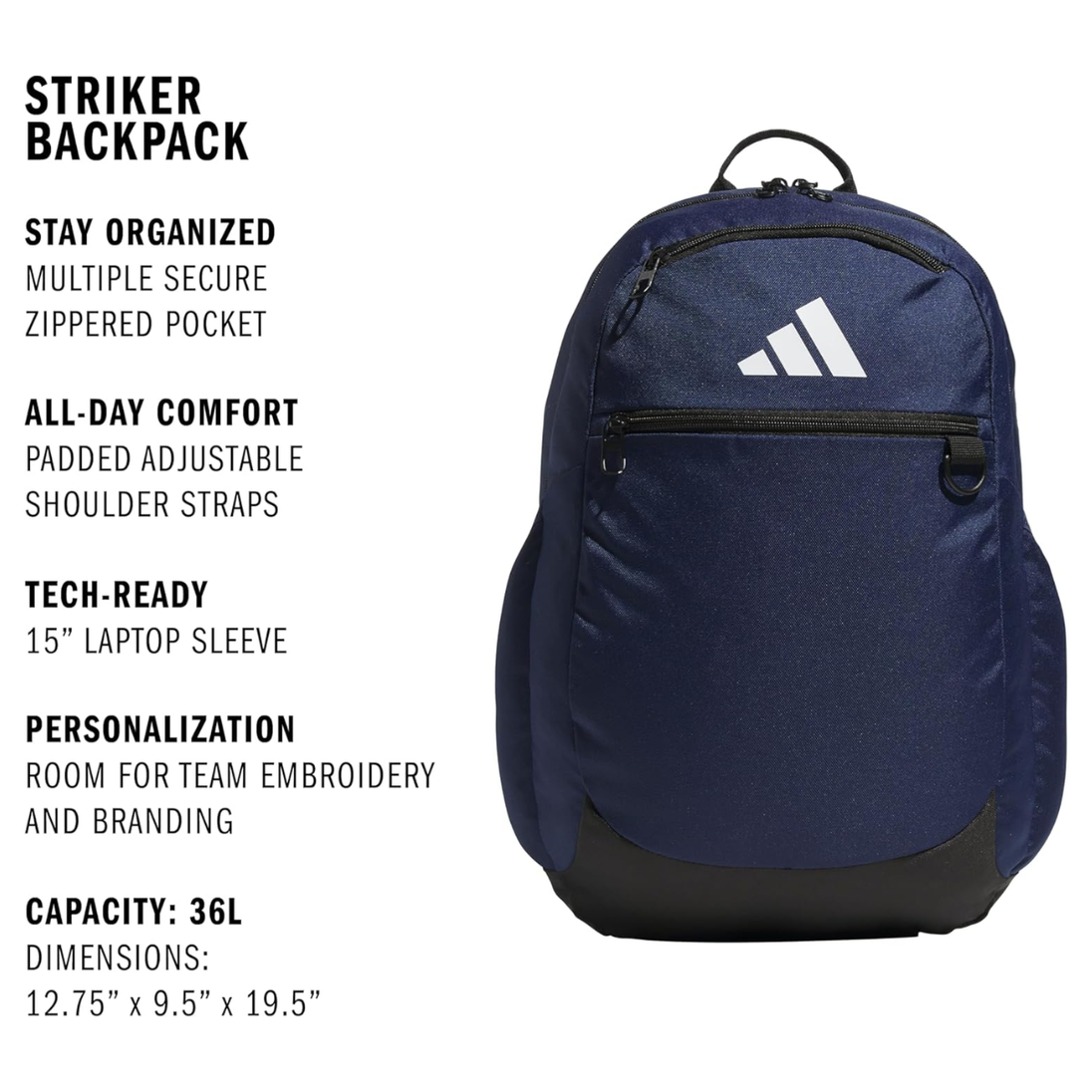 adidas 3 pocket backpack Striker (Black) A shoe compartment keeps muddy cleats separate from the rest of your gear adidas Classic Badge Of Sport
