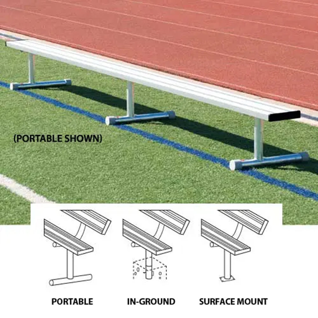 Athletic Court and Field Benches without Backrests - aluminum and images of installation options