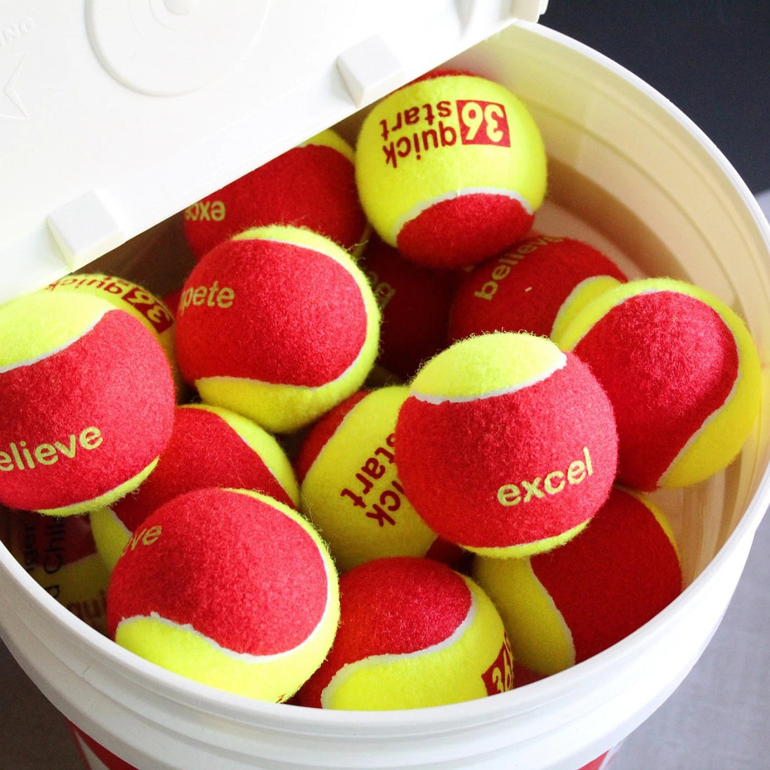 BQ3648 "Quick Start 36" Red Felt Tennis Balls w/ Slogans - 48 Ball Bucket