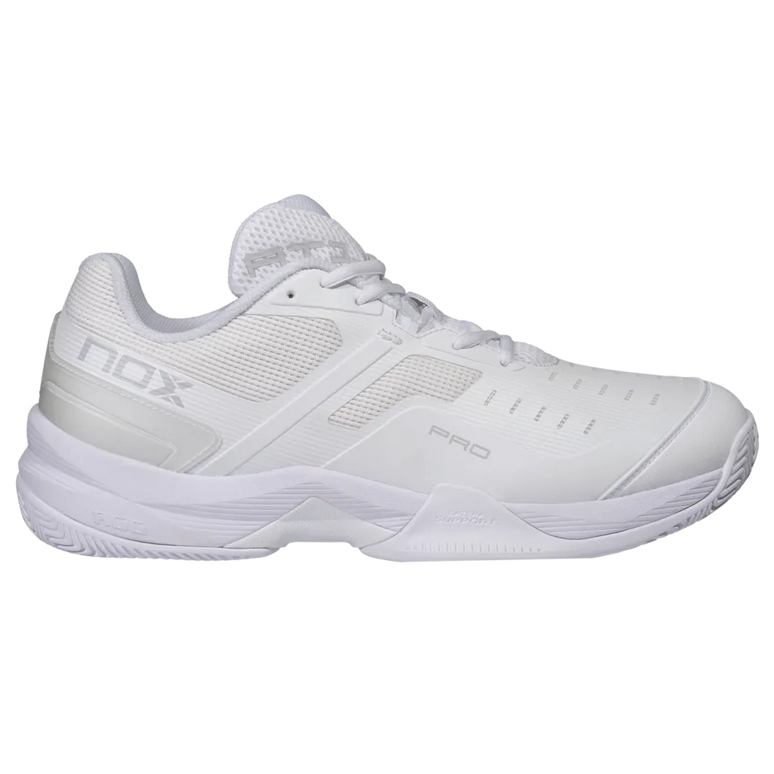 A white Nox Pro tennis shoe shown from a side profile view against a plain white background.