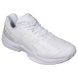 A white athletic shoe with gray accents, featuring a textured synthetic and mesh upper, white laces, and a thick white sole, shown against a plain white background.