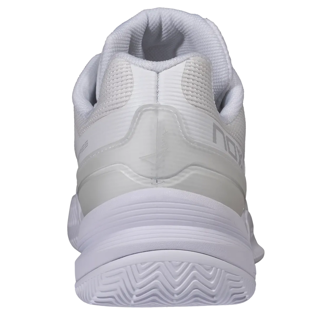 White athletic shoe shown from the rear three-quarter view, featuring a thick white sole with textured wavy tread, a padded collar, and a translucent white heel overlay with gray branding.