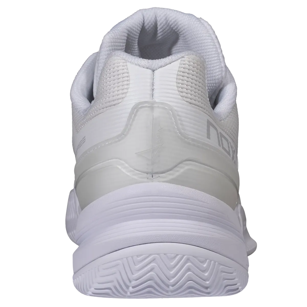 White athletic shoe shown from the rear three-quarter view, featuring a thick white sole with textured wavy tread, a padded collar, and a translucent white heel overlay with gray branding.