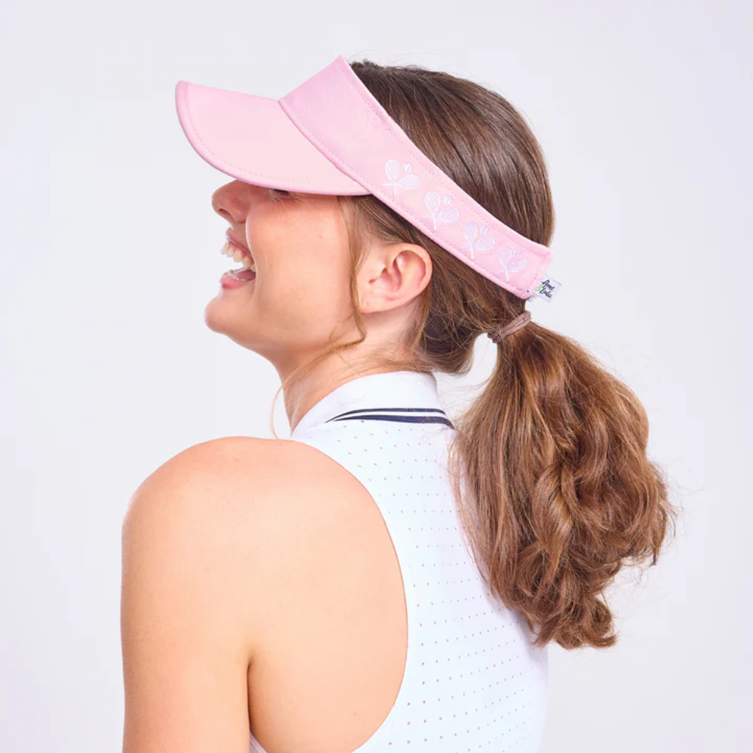 CCV328_Ame_Lulu_Womens_Country_Club_Tennis_Visor_Pink_With_Crossed_Racquets