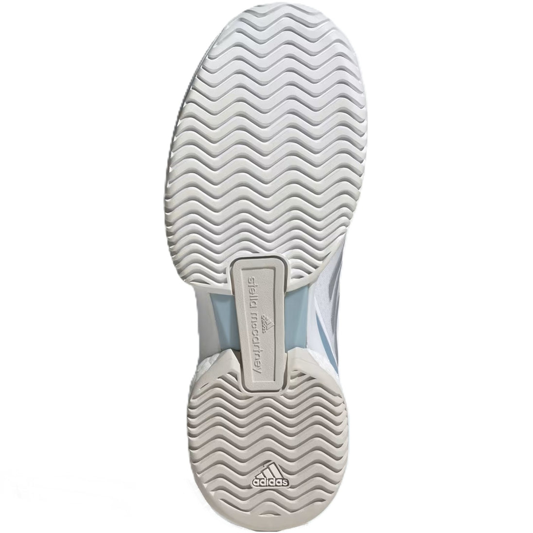 JP7061 Adidas Women's Stella McCartney Court Tennis Shoes (White/Silver Metallic/Wonder Blue)