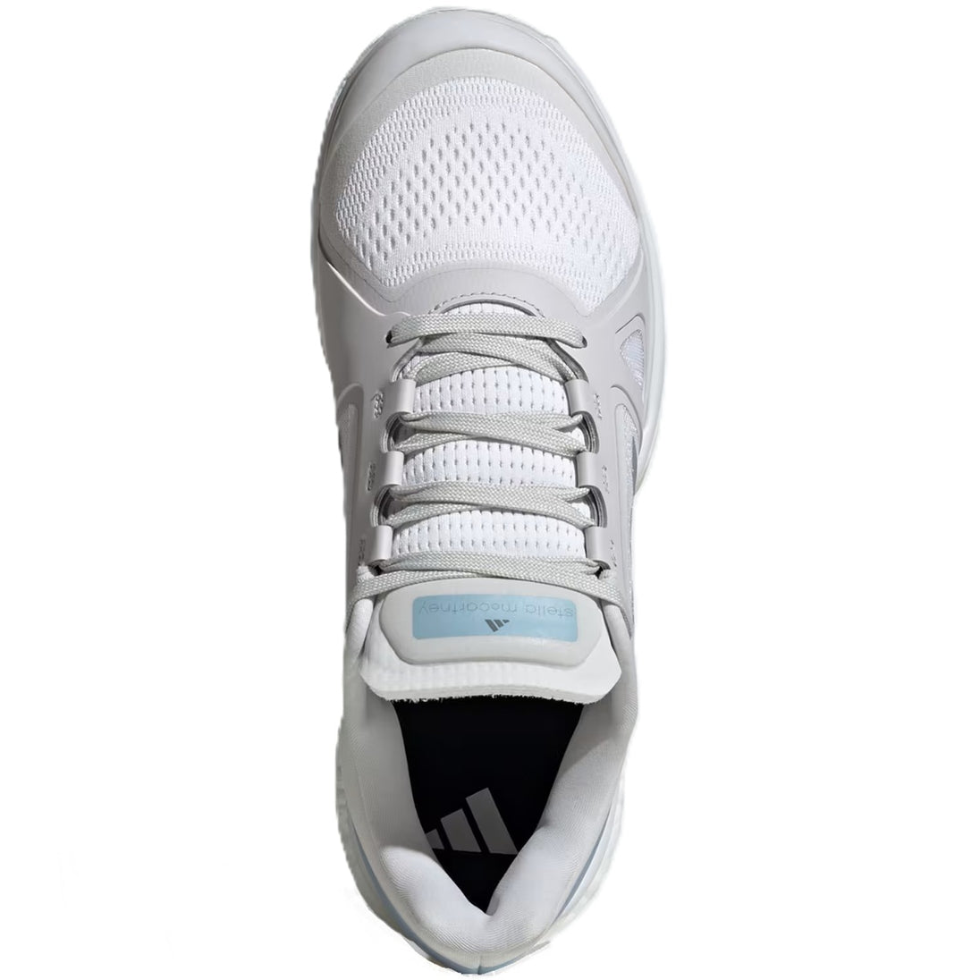 JP7061 Adidas Women's Stella McCartney Court Tennis Shoes (White/Silver Metallic/Wonder Blue)
