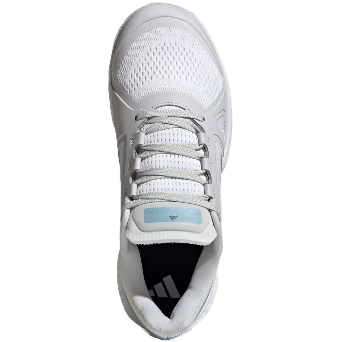 JP7061 Adidas Women's Stella McCartney Court Tennis Shoes (White/Silver Metallic/Wonder Blue)