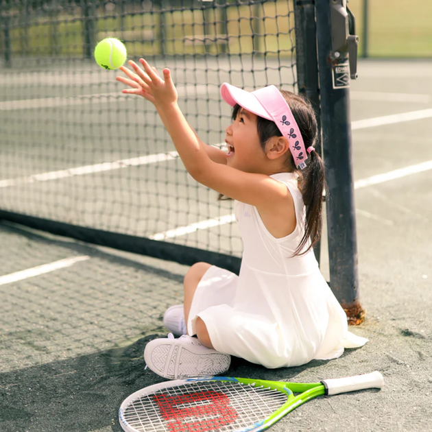 KCV328_Ame_Lulu_Canvas_Junior_Tennis_Visor_Pink_With_Crossed_Racquets