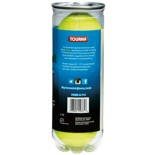 KIDS-G-P-3-12 Tourna Youth Green Dot Tennis Balls - Cans (36 Balls)