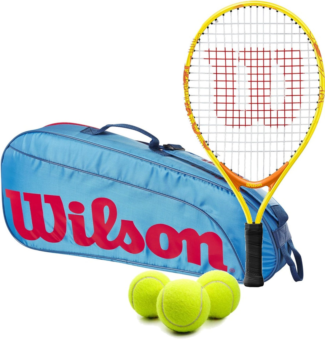 OpenJr-WR8023902001U-Ball Wilson US Open Junior Tennis Racquet + 3pk Bag + 3 Tennis Balls (Blue/Orange)