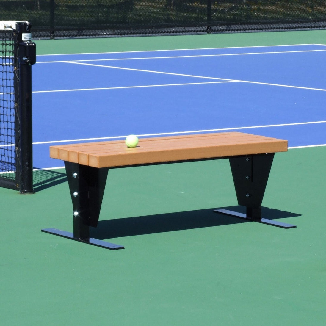 SunTrends Flat Tennis Court Bench with black frame and wood colored seat.