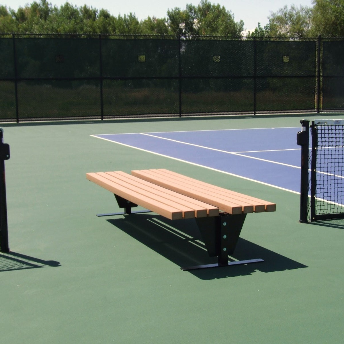SunTrends Flat Two Sided Tennis Court Bench (Bench Length Options) with black frame and wood colored seat.
