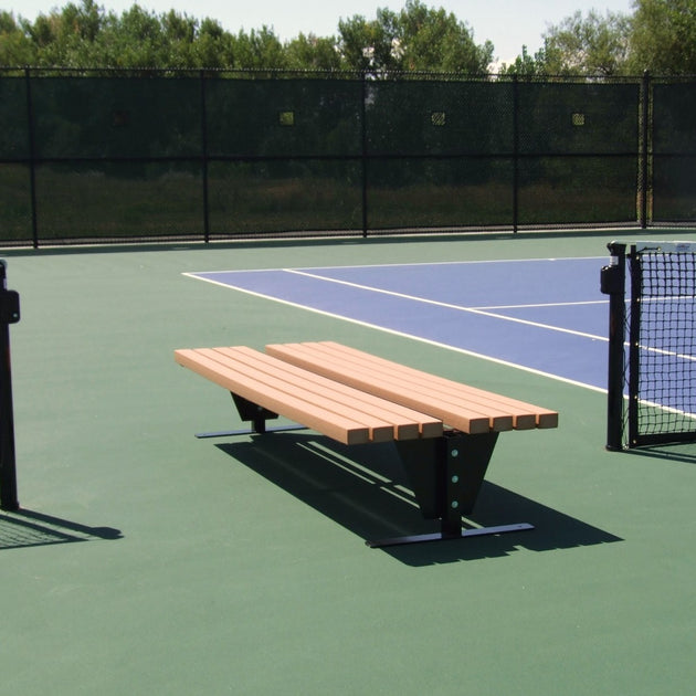 SunTrends Flat Two Sided Tennis Court Bench (Bench Length Options) with black frame and wood colored seat.