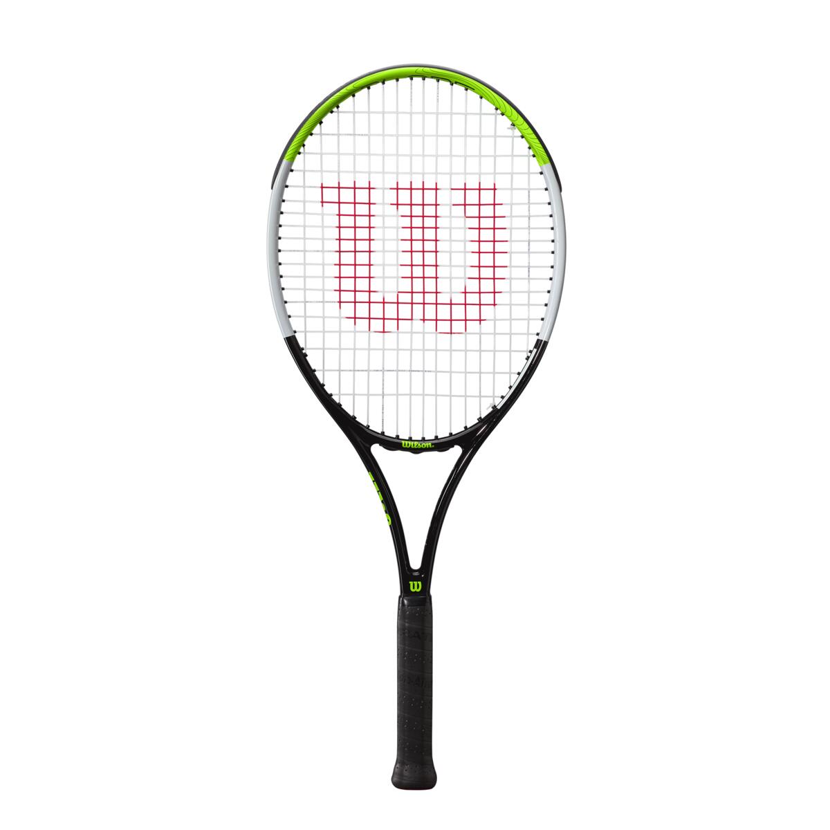 WR055410U-Ball-Black-OG Wilson Blade Feel Pre-Strung 26 Inch Junior Tennis Racquet Black Green with 3 Black Overgrips Balls