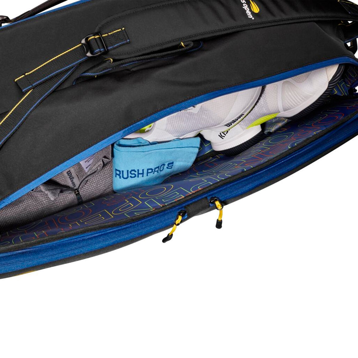 WR8021201001 Wilson US Open Tour 12 Pack Tennis Bag (Black/Blue/Yellow)