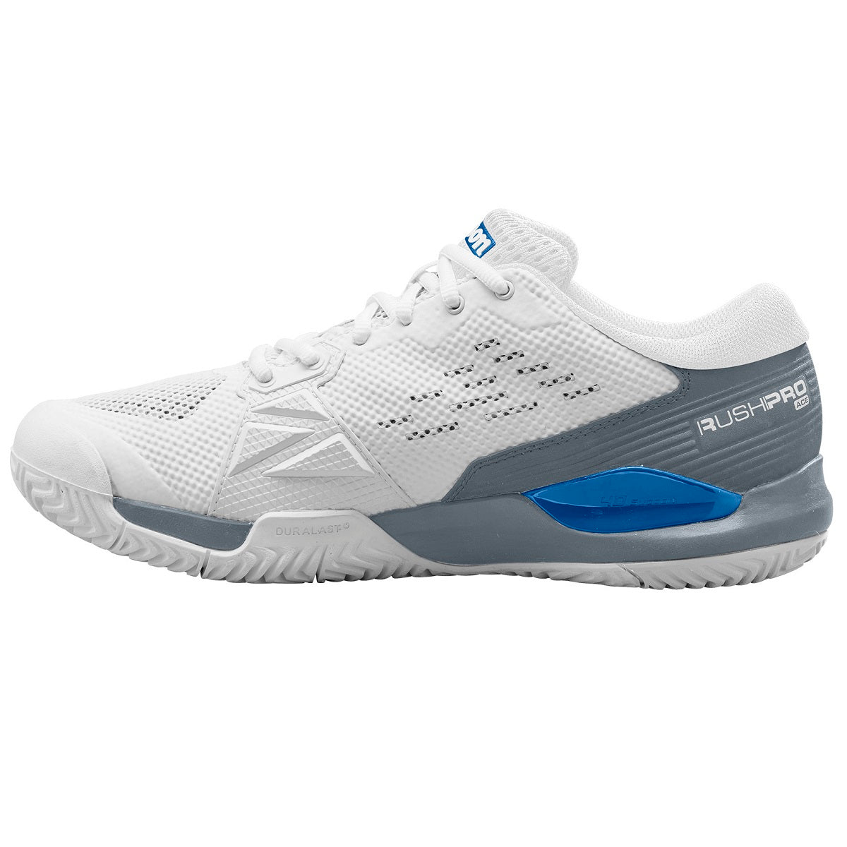 WRS329260U Wilson Men's Rush Pro ACE Pickler Pickleball Shoes (White/Stormy Weather/Classic Blue) - Left