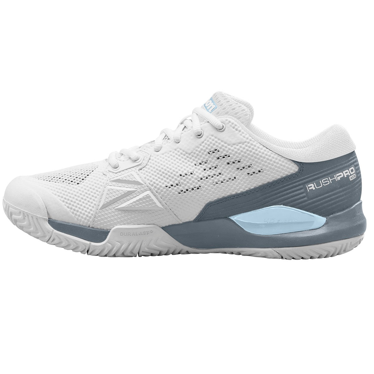 WRS329270U Wilson Women's Rush Pro ACE Pickler Pickleball Shoes (White/Stormy Weather/Classic Blue) - Left