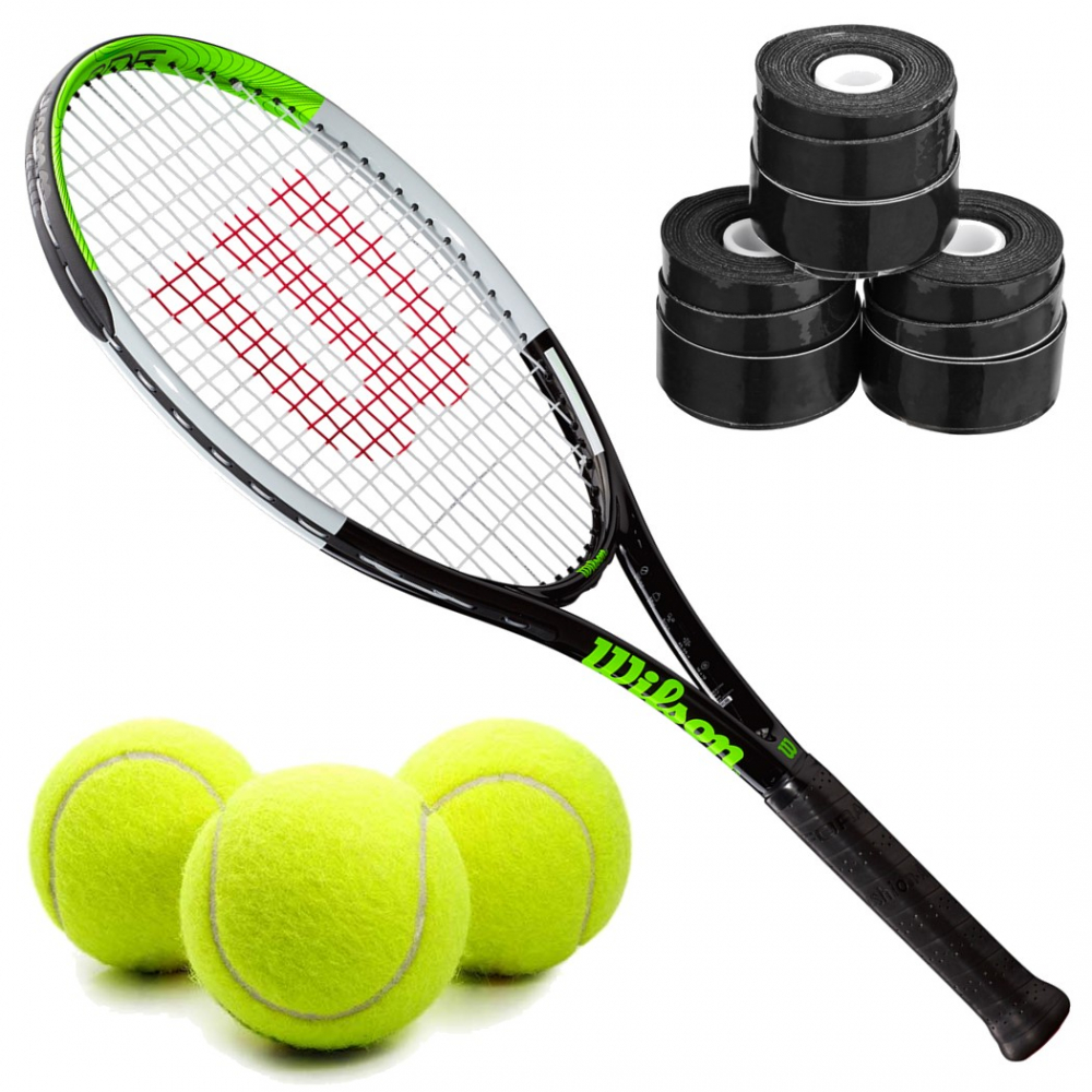 Wilson Blade Feel Junior Tennis Racquet bundled with a 3 Pack of Black Overgrips and a Can Tennis Balls