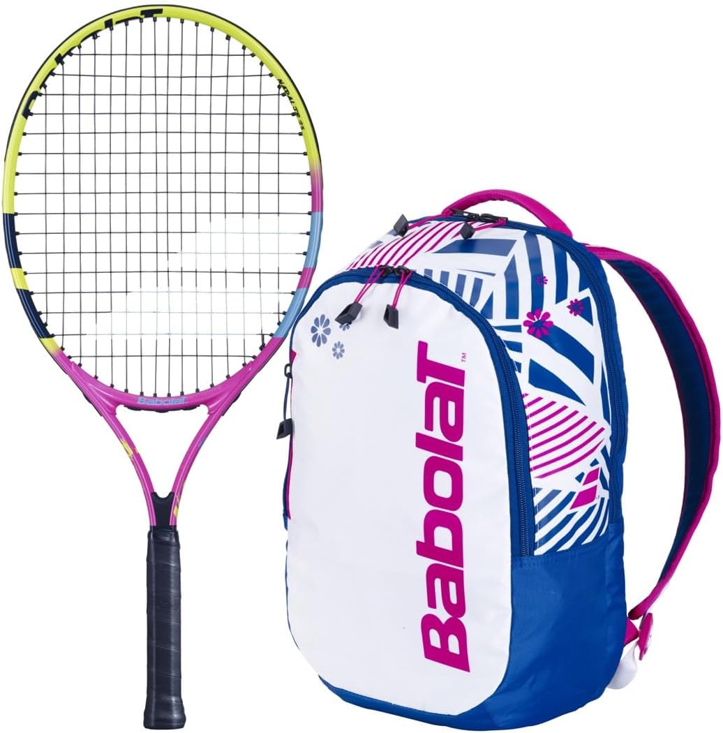 Babolat Nadal Junior Tennis Racquet (Rafa 2nd Gen) Bundled w Backpack (White/Blue/Pink)