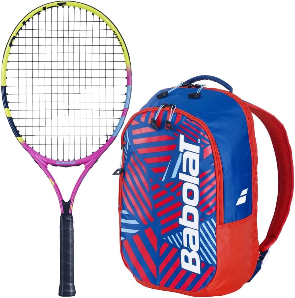 Babolat Nadal Junior Tennis Racquet (Rafa 2nd Gen) Bundled w a Backpack (White/Blue/Red)